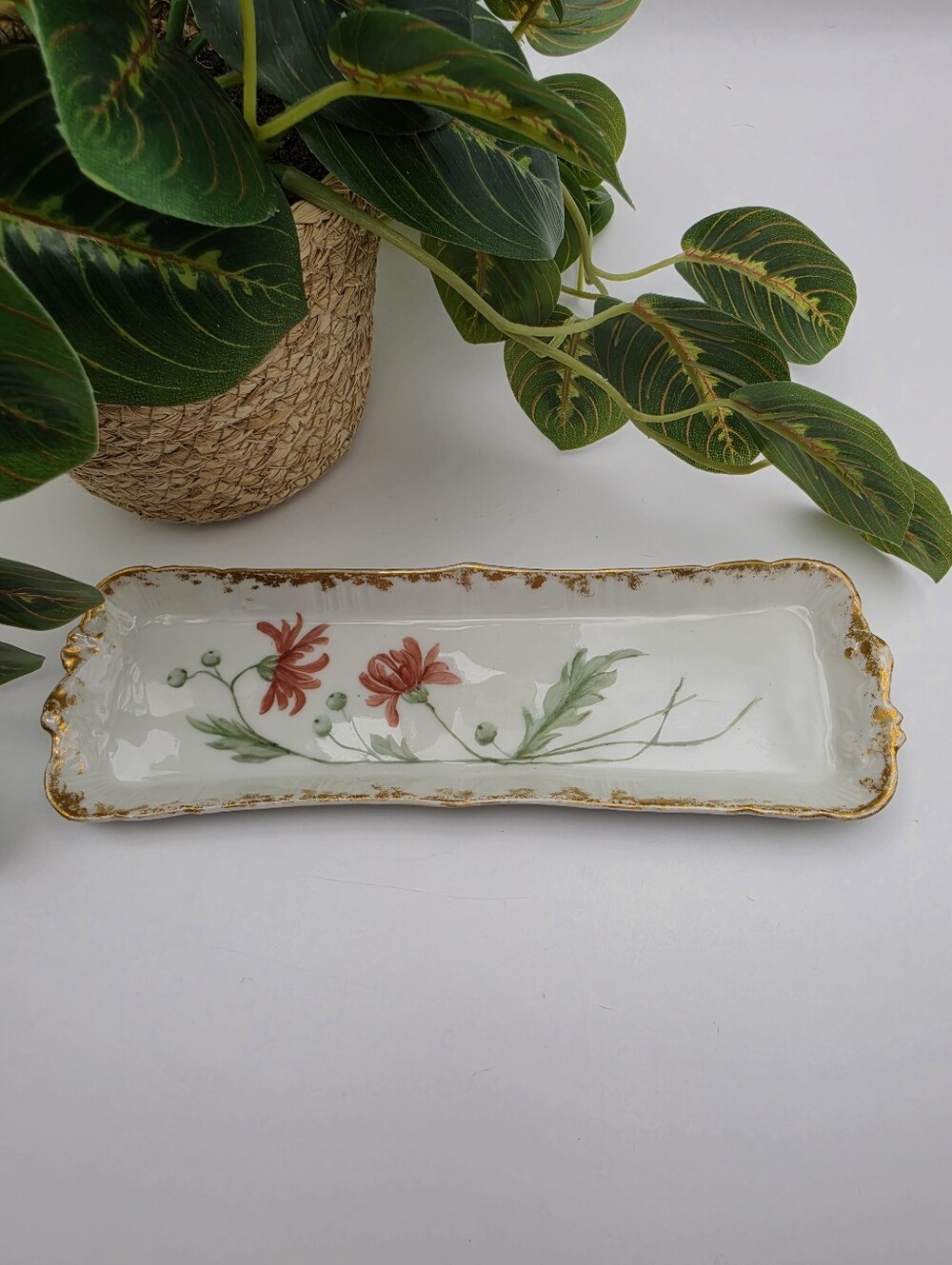 Antique Jean Pouyat Limoges (JPL) Hand-Painted Porcelain Floral Tray 8.5" x 2.5"